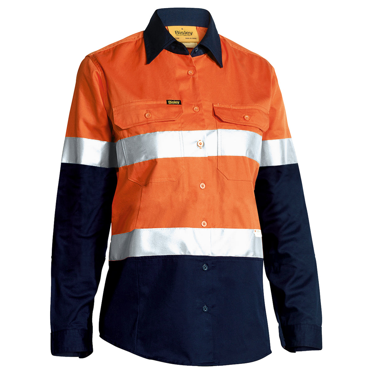 Bisley - Womens Taped Hi Vis Cool Lightweight Drill Shirt (Orange/Navy)