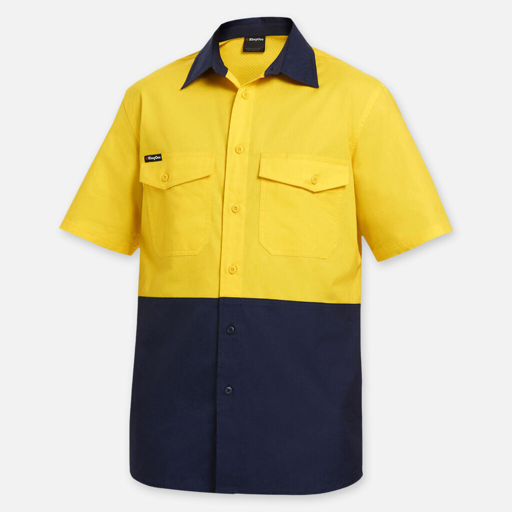 King Gee - Workcool 2 Hi Vis Short Sleeve Work Shirt (Yellow/Navy)