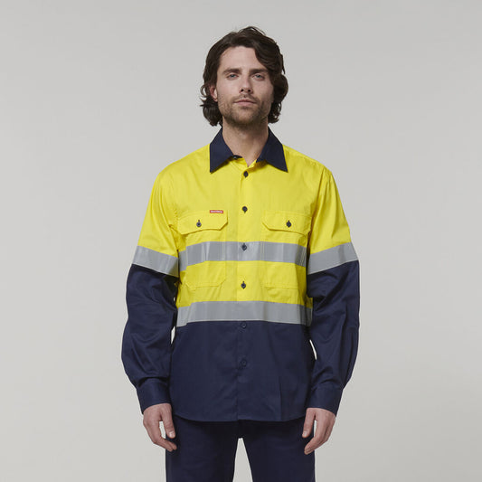 Hard Yakka - Core Hi Vis Long Sleeve 2-Tone Taped Vented Shirt (Yellow/Navy)